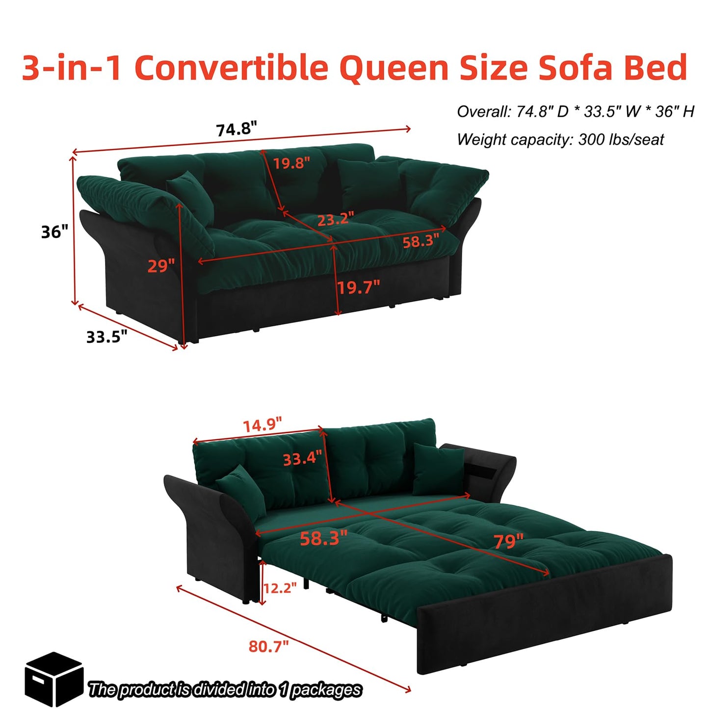 CALABASH 74.8" Futon Sofa Bed Queen Size, Pull Out Bed, 3-in-1 Convertible Sleeper Loveseat Sofa with 2 Soft Pillows, Modern Velvet Futon Couch for Living Room, Apartment, Bedroom, Small Space, Green