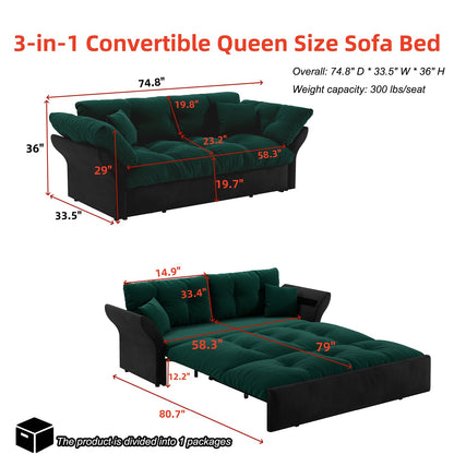 CALABASH 74.8" Futon Sofa Bed Queen Size, Pull Out Bed, 3-in-1 Convertible Sleeper Loveseat Sofa with 2 Soft Pillows, Modern Velvet Futon Couch for Living Room, Apartment, Bedroom, Small Space, Green