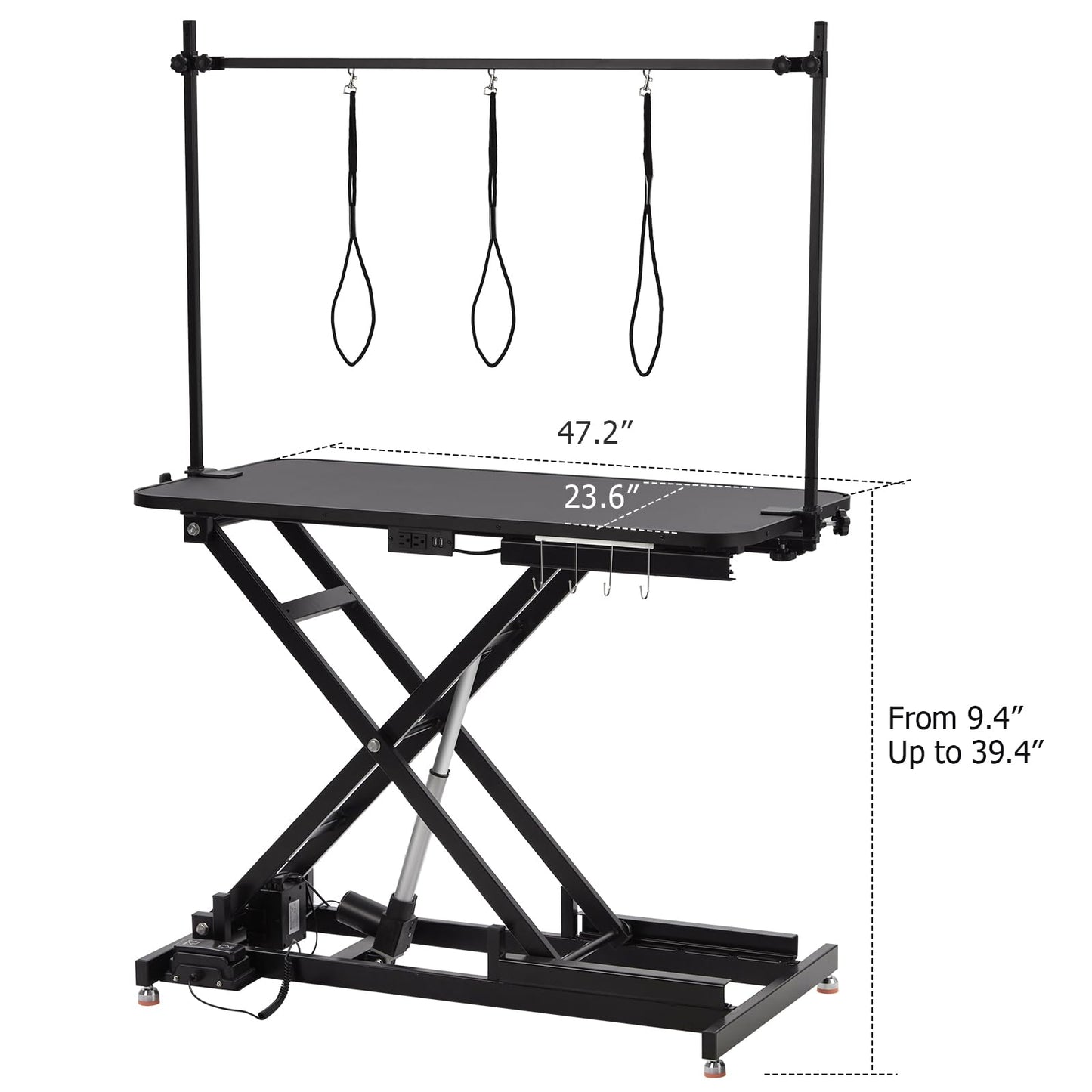 47“ Electric Lift Dog Grooming Table (Black), Heavy Duty Electric Grooming Arm Table for Pets & Large Dogs Adjustable Height: 9.4"-39.4" Non-slip Desktop with Gantry Crane Set, Fixture *4 Noose*2