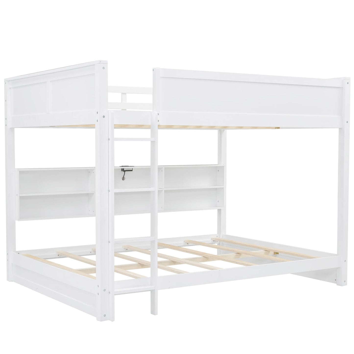 Harper & Bright Designs Queen Over Queen Bunk Beds with Built-in Storage Shelves, Wooden Queen Bunk Bed with USB Ports, Kids Bunk Bed Queen Size, No Box Spring Needed, White