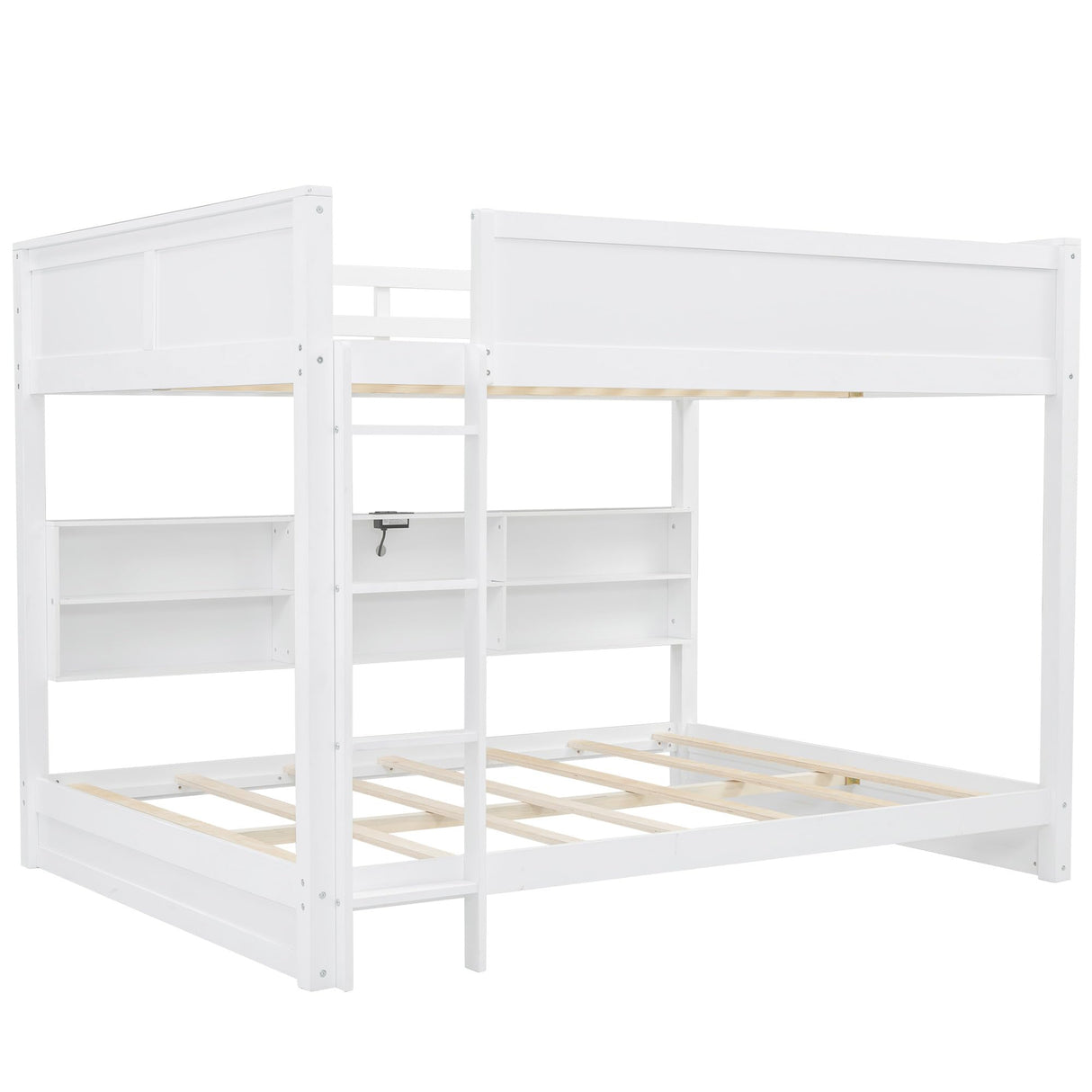 Harper & Bright Designs Queen Over Queen Bunk Bed with Storage Cabinets and USB Ports, Solid Wood Bunk Bed Frame with Built-in Shelves Beside Bottom Bed, for Kids Teens Adults - White Harper & Bright Designs