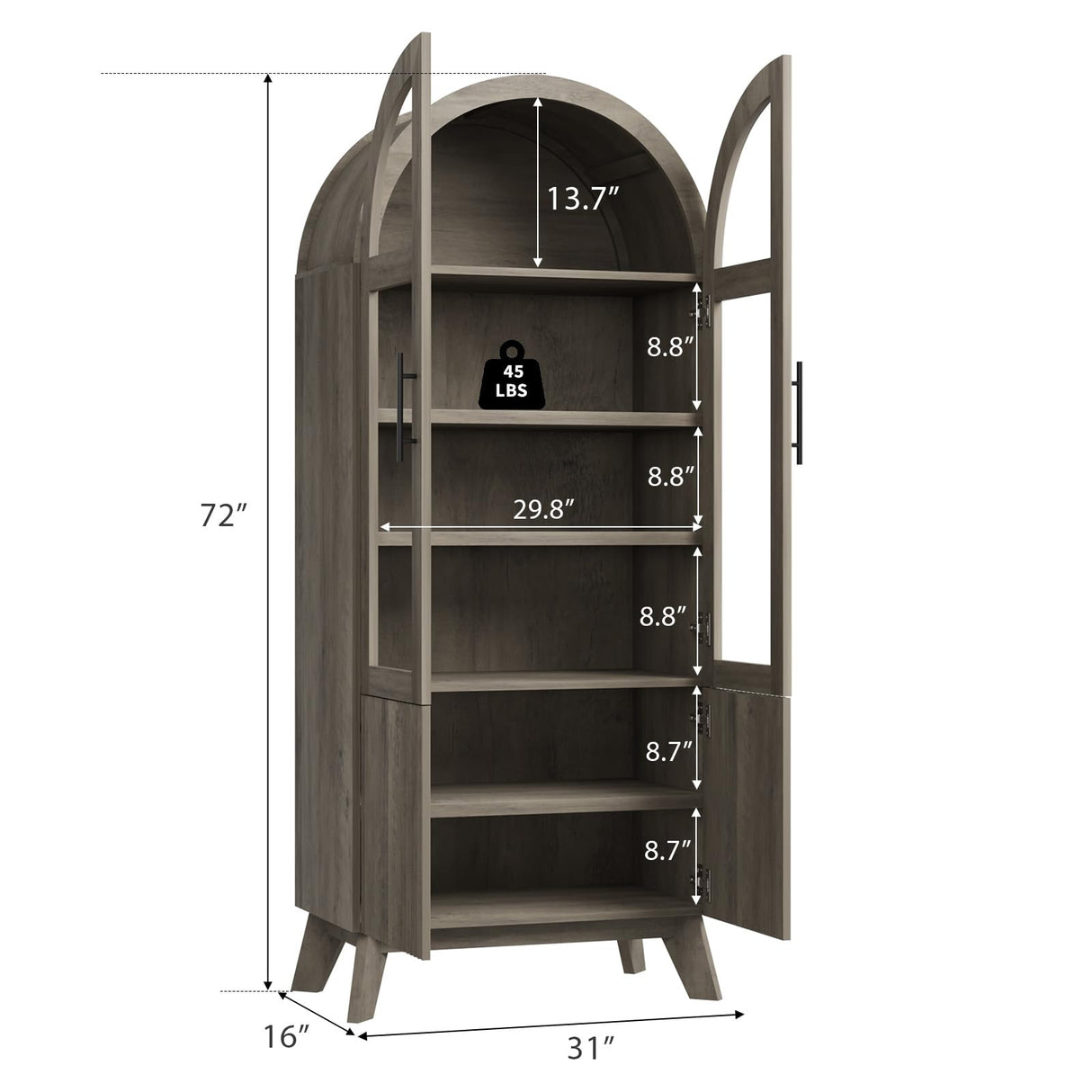 RNLRNL 71" Modern Fluted Display Cabinet with Glass Door, Arched Curio Cabinet with Adjustable Shelf, Bookcase for Collectibles Books, Storage Cabinet for Living Room, Dining Room, Grey RNLRNL