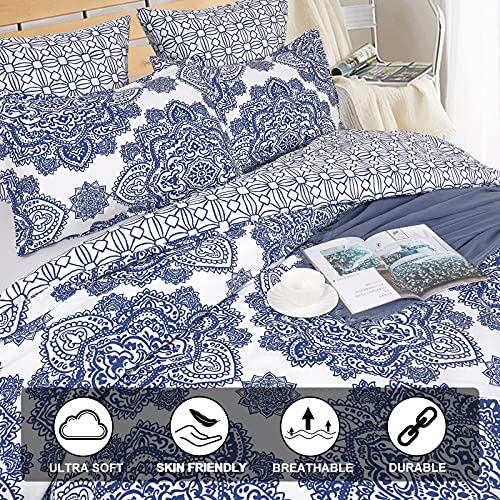 PHF Ultra Soft Paisley Duvet Cover Queen Size, Printed Bedding Set 3 Pieces, Comfy Farmhouse Pattern Duvet Cover Set with 2 Pillow Shams, Zipper Closure and 8 Ties, 90"x90", Royal Blue & White PHF
