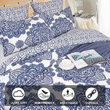 PHF Ultra Soft Paisley Duvet Cover Queen Size, Printed Bedding Set 3 Pieces, Comfy Farmhouse Pattern Duvet Cover Set with 2 Pillow Shams, Zipper Closure and 8 Ties, 90"x90", Royal Blue & White PHF