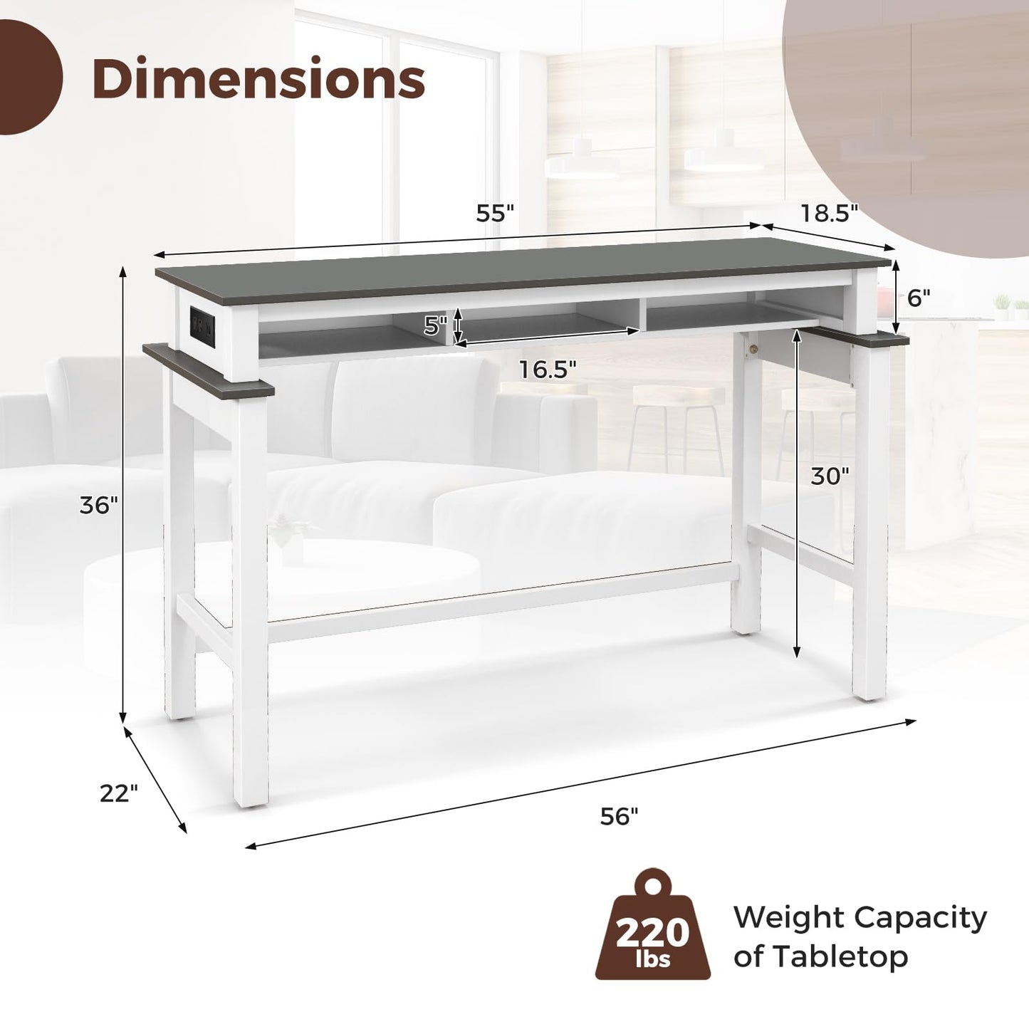 Giantex White and Grey Counter Height Bar Table with Power Outlets and Storage Compartments - WoodArtSupply