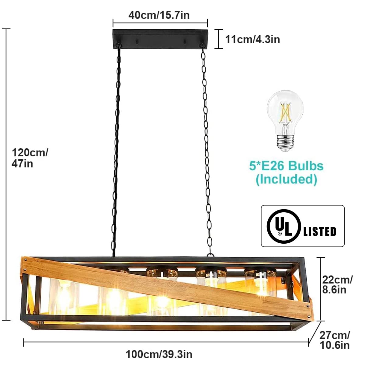 Depuley Farmhouse Kitchen Island Lighting, 39 Inches 5-Light Industrial Metal Linear Chandelier, Rustic Pendant Light Fixture with Wood Frame Hanging for Dining Room, Pool Table, 5* E26 Bulbs - WoodArtSupply