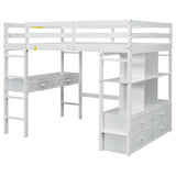 Janusline Full Size Loft Bed with Built-in Desk with Two Drawers, Multifunction Wooden Full Loft Bed Frame with Storage Shelves and Drawers for Apartment Bedroom, Space Saving, White Janusline