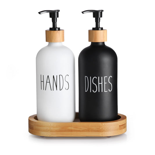 HULISEN Dish Soap Dispenser Set with Wood Tall Tray, Kitchen Soap Dispenser Set, Matte Hand and Dish Soap Dispenser Set for Modern/Boho/Farmhouse Kitchen Decor (Black & White)