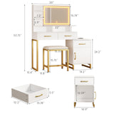 REVOMINCA Vanity Desk with Mirror and Lights, Modern Makeup Vanity with Charging Station, White & Gold Vanity Table with 3 Drawers & Cabinet, 3 Lighting Modes Brightness Adjustable, Bedroom REVOMINCA