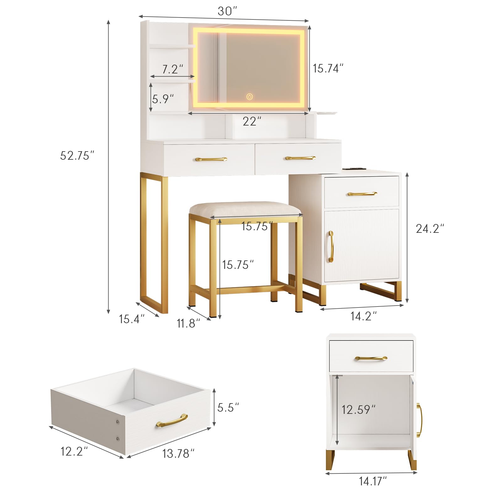 REVOMINCA Vanity Desk with Mirror and Lights, Modern Makeup Vanity with Charging Station, White & Gold Vanity Table with 3 Drawers & Cabinet, 3 Lighting Modes Brightness Adjustable, Bedroom - WoodArtSupply