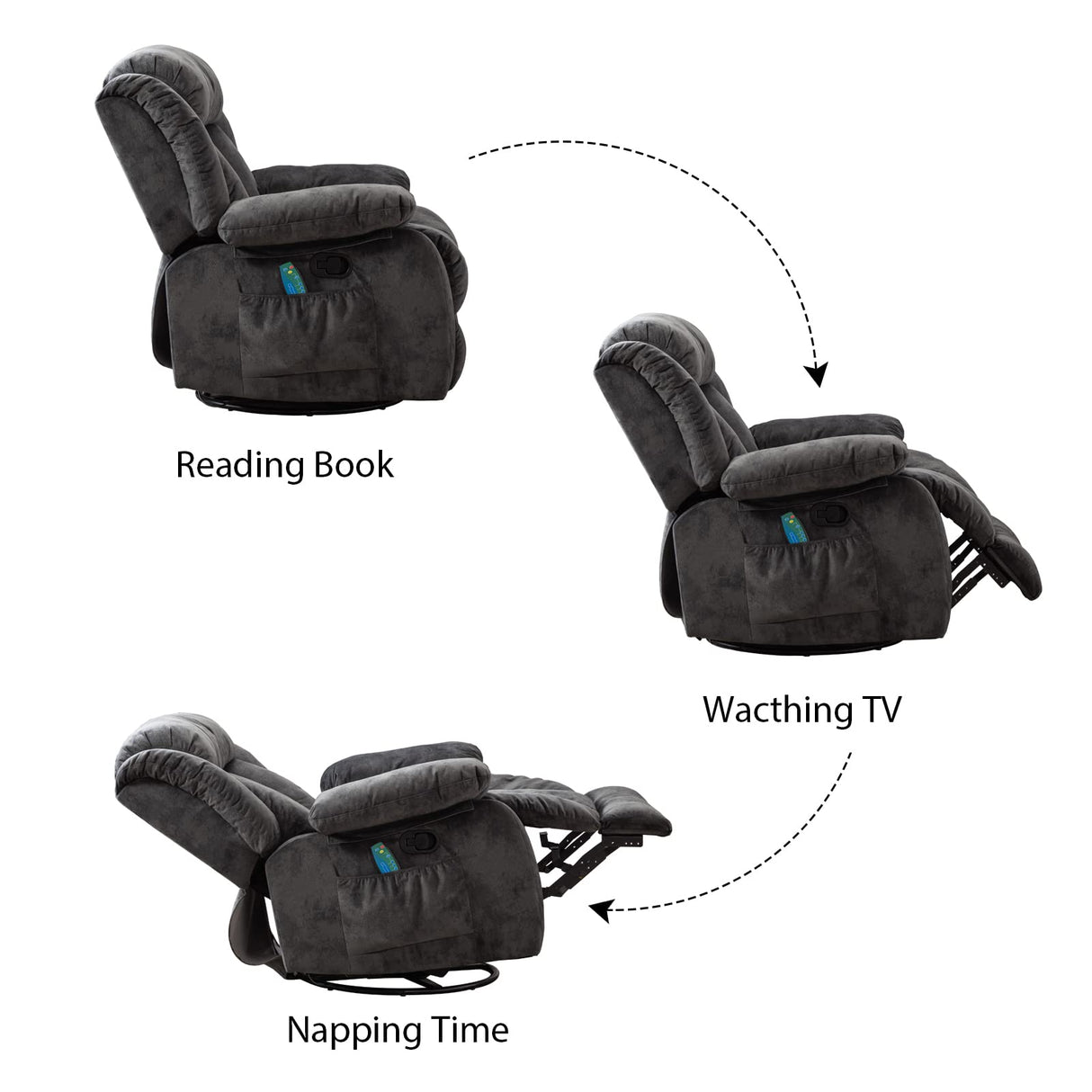 INZOY Massage Swivel Rocker Recliner with Heat and Vibration, Soft Manual Rocking Recliner Chair with Vibrating Massage, Comfy Padded Overstuffed Fabric Heated Recliner, Grey INZOY