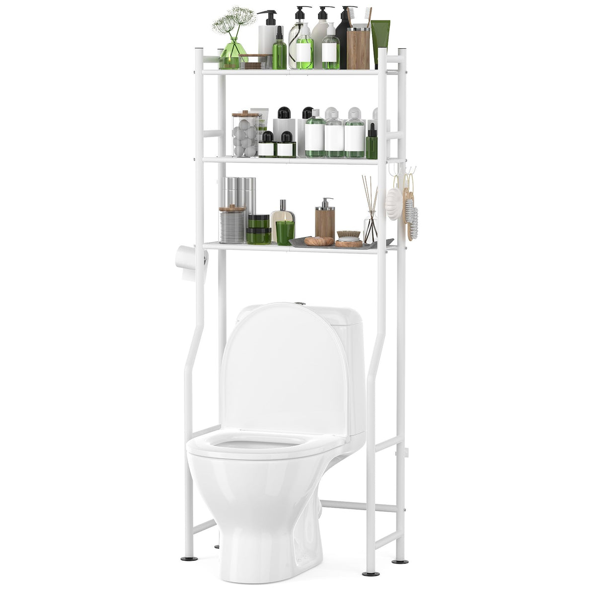 AriseWork 3-Tier Over The Toilet Storage with Paper Holder, Metal Bathroom Organizers and Storage for Small Space, Freestanding Bathroom Shelves with 4 Hooks, Above The Toilet Storage Shelf, White AriseWork
