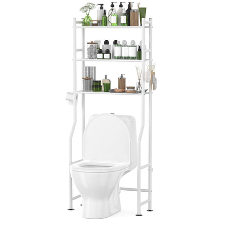 AriseWork 3-Tier Over The Toilet Storage with Paper Holder, Metal Bathroom Organizers and Storage for Small Space, Freestanding Bathroom Shelves with 4 Hooks, Above The Toilet Storage Shelf, White AriseWork