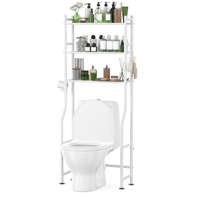 AriseWork 3-Tier Over The Toilet Storage with Paper Holder, Metal Bathroom Organizers and Storage for Small Space, Freestanding Bathroom Shelves with 4 Hooks, Above The Toilet Storage Shelf, White