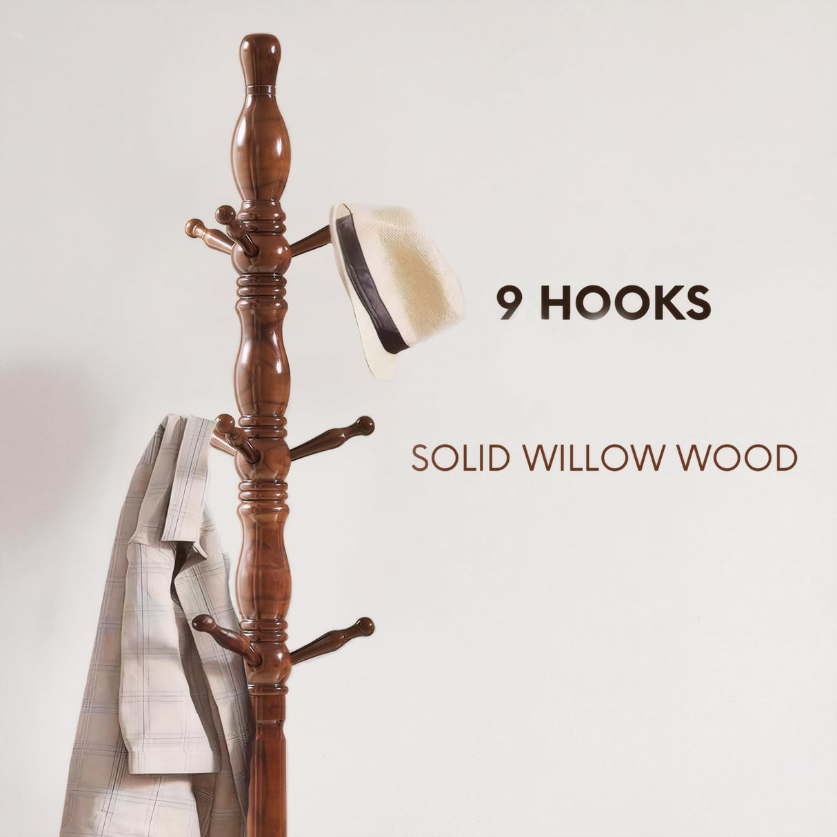 SUOHUI Coat Rack, Natural Wood Coat Racks with 3 Height Options and 9 Hooks,Coat Tree Ease of Assembly,Freestanding Hall Tree for Home/Office/Entryway/Hallway (Walnut) SUOHUI