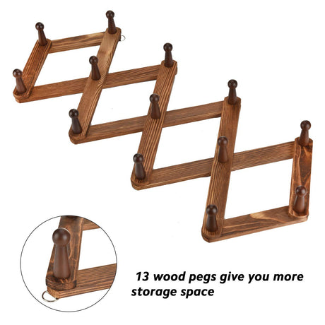 Homode Vintage Wood Expandable Peg Rack- Multi-Purpose Accordion Wall Hangers with 13 Hooks for Hats, Coat, Mugs, Scarf, Jewelry Storage Homode