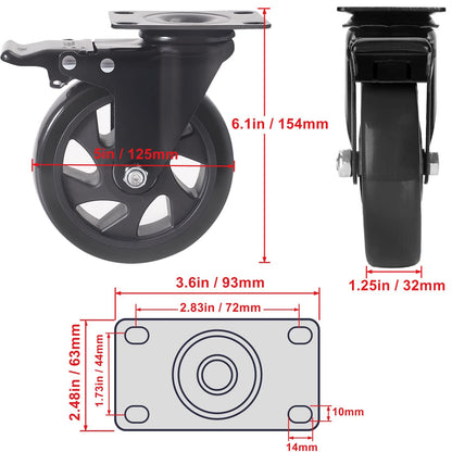 5 Inch Swivel Caster Wheels Set of 4, Heavy Duty Casters with Brake, Polyurethane Locking Casters for Cart, Workbench and Trolley-Load 2200lbs, Black(Two Hardware Kits)