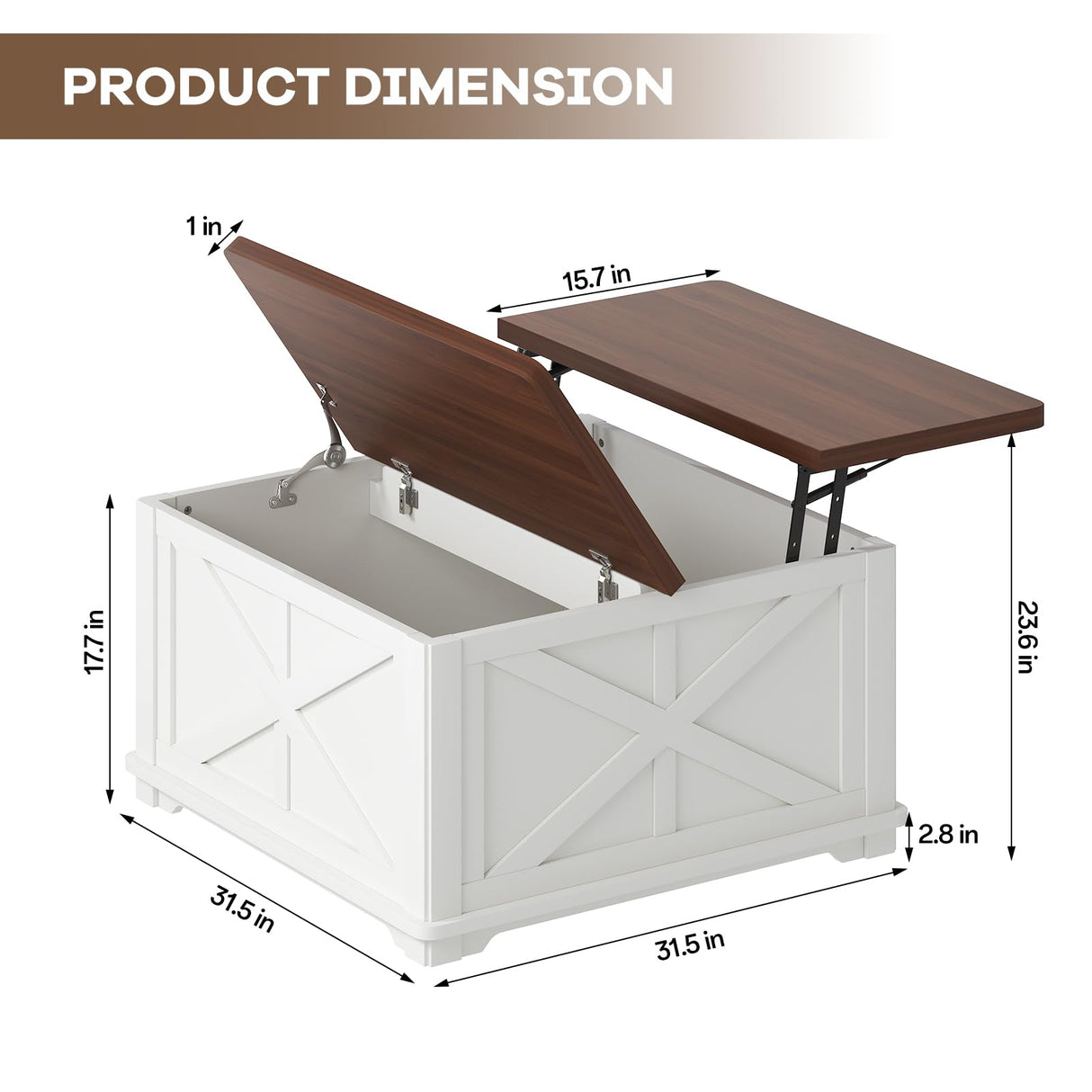 Airynee Farmhouse Coffee Table, 31.5" Lift Top Coffee Table with Storage, Square Coffee Tables for Living Room, Wooden Coffee Tables with Brown Flip-Top Lids for Home Office, White Airynee