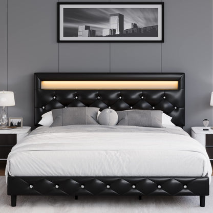 Keyluv Modern Upholstered King Size Bed Frame with LED Lights and Adjustable Crystal Tufted Headboard - WoodArtSupply