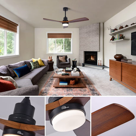 Sofucor 52 Inch Ceiling Fan With Lights Remote Control 3 Wood Fan Blade Ceiling Fans Noiseless DC Motor Solid Walnut and Matte Black For Farmhouse Modern Style Sofucor