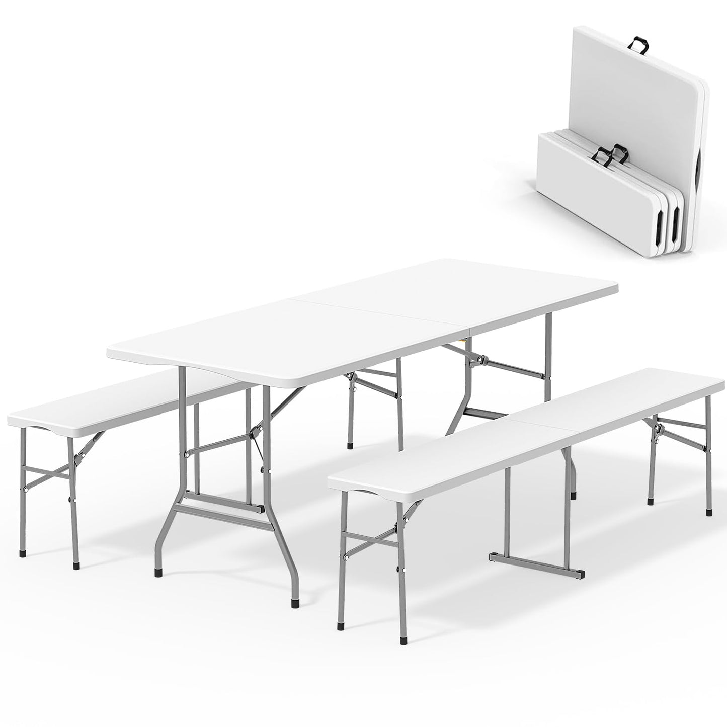 HLPB Folding Table Picnic Table Set, 6 ft Camping Table with 2 Benches, Outdoor Indoor Portable Folding Table for Working Meeting Parties, Camping, Picnic, Weddings w/Handle and Safety Locks, White