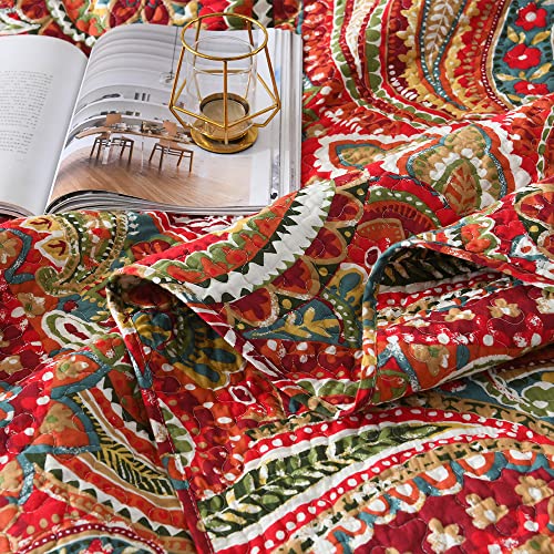 ENASAL Cotton Bedspread Quilt Sets, Reversible Bedding Coverlet Sets Comforter, Floral Paisley Bedspread (Red, King Size) ENASAL