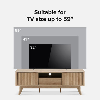 mopio Brooklyn Mid-Century Modern TV Stand, for TVs up to 50” Waveform Panel, Sleek Curved Profile with Adjustable Shelf and Sturdy Box Frame Leg (Golden Oak, 57") - WoodArtSupply