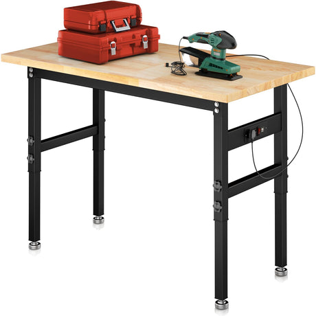 47.5" Adjustable Workbench, Rubber Wood Top Workbench with Power Outlet, Portable Heavy-Duty Work Bench for Garage, Workshop, Office, Home - 2000 lbs Capacity BMJX US