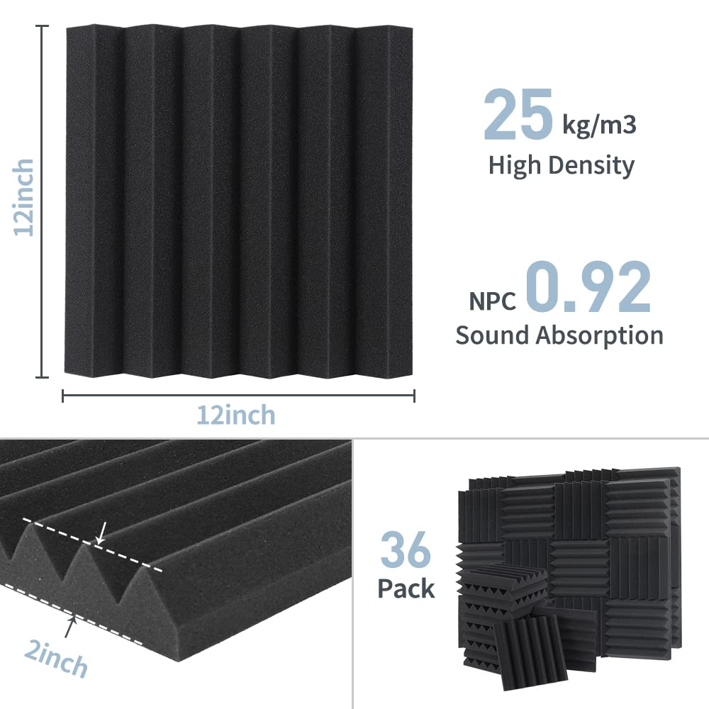 Sound Proof Foam Panels - 12 x 12 x 2 Inches 36 Pack Wedges Acoustic Foam Panels Sound Proofing Padding for Walls and Ceiling High Density Foam Studio Foam (Black) GUERRI