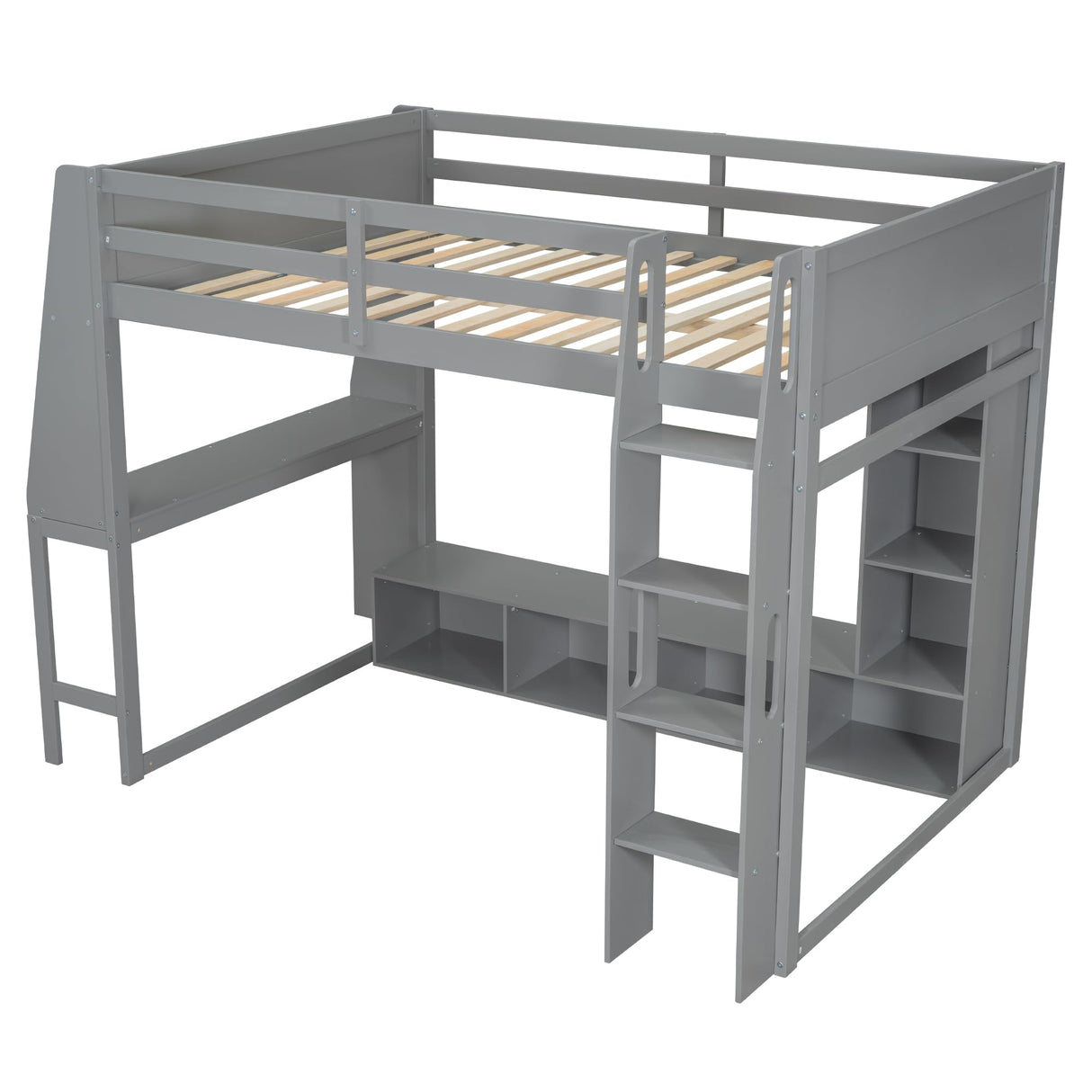 Ball & Cast Gaming Loft Bed Full Size,with Desk and Multi-Storage Shelves,Wood Bedframe Workstation w/LED & a Hanging Clothes Rack,Cabinets,Ladder,Full-Length Guardrails,Furniture for Apartment,Gray Ball & Cast
