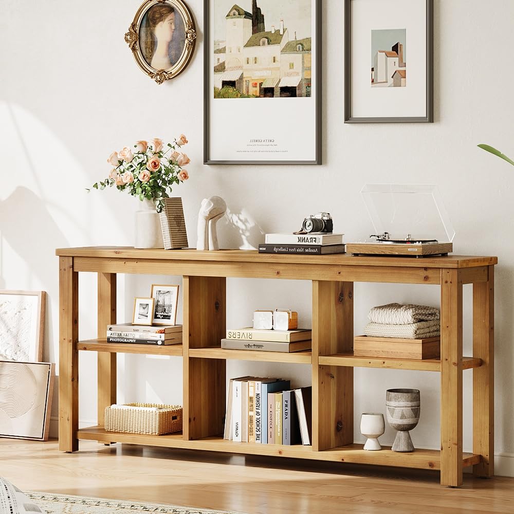 TRIBEWOOD Solid Wood Horizontal Bookcase with Adjustable Shelves, 6 Cubes Storage Organizer Long Bookshelf, Farmhouse Low Cubby Bookcase for Living Room, Home Office, 63 Inches TRIBEWOOD