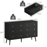 BAZELOR Dresser for Bedroom with 6 Drawers, Double Wood Dresser with Gold Handles, Modern Mid Century Chest of Drawers for Living Room, Hallway, Black BAZELOR