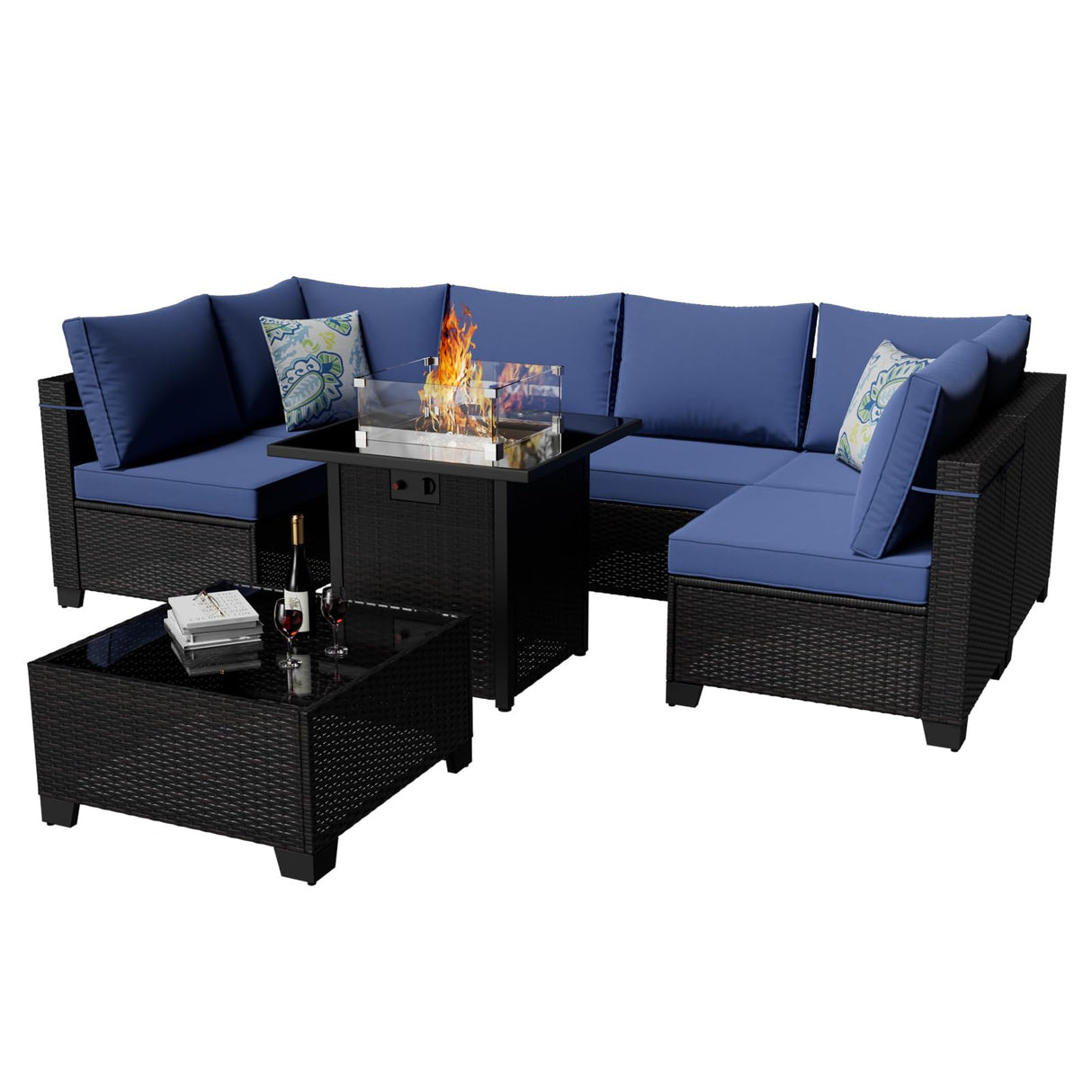 Ophelian 8 Piece Patio Furniture Set with Fire Pit Table, Wicker Outdoor Sectional Furniture, Outside Rattan Patio Couch Sets for Backyard, Garden, Deck (Brown/Blue) Ophelian