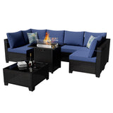 Ophelian 8 Piece Patio Furniture Set with Fire Pit Table, Wicker Outdoor Sectional Furniture, Outside Rattan Patio Couch Sets for Backyard, Garden, Deck (Brown/Blue) Ophelian