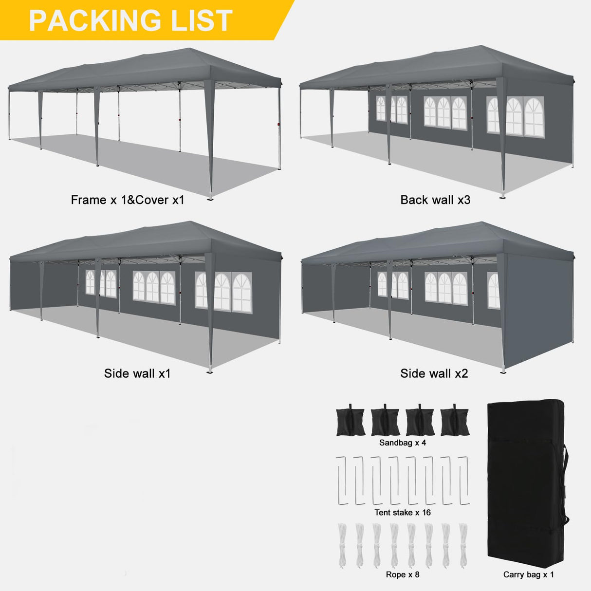 COBIZI Canopy 10x30 Pop Up Canopy Tent with 5 Sidewalls Party Tents for Parties Wedding Backyard Waterproof Canopy Outdoor Commercial Canopy Event Tent with Sandbags, Grey COBIZI