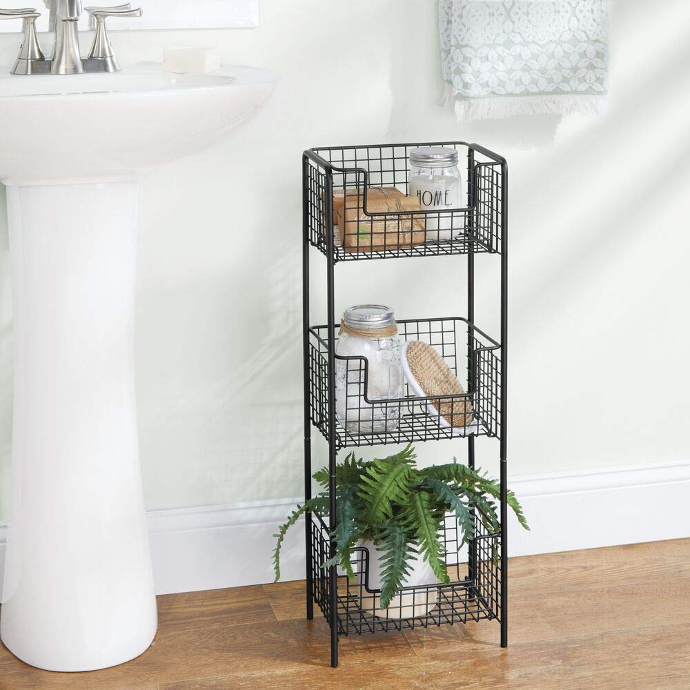 mDesign Steel Freestanding Storage Organizer Tower Rack Basket Shelf, Metal 3-Tier Furniture Unit for Master/Guest Bathroom, Powder Room - Holds Bath Towels, Soap - Concerto Collection - Black mDesign