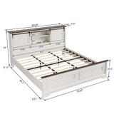 BLANKSPACE Farmhouse King Size Bed Frame with Storage Headboard, Charging Station, Bracket Footboard, Antique White Bed Frame with Bookcase and Sliding Barn Doors, Noiseless BLANKSPACE