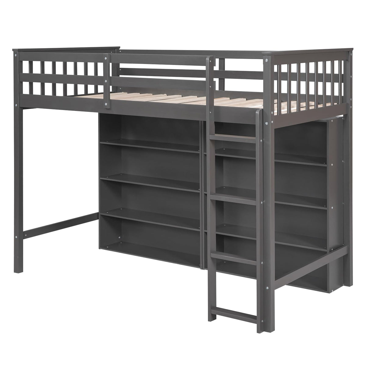 SOFTSEA Twin Size Grey Loft Bed with Open Storage and Ladder for Kids SOFTSEA