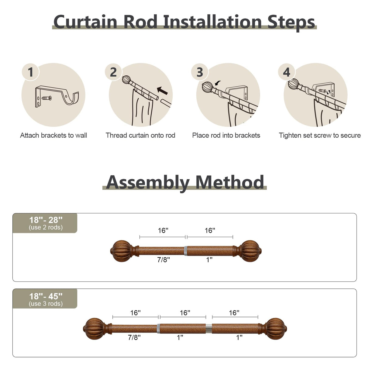 QDWIS Curtain Rods for Windows 28 to 48 Inch, 1 Inch Wood Adjustable Heavy Duty Decorative Drapery Rods with Classic Finials, Imitation Red Wood Window Curtain Pole, 18-45'' QDWIS