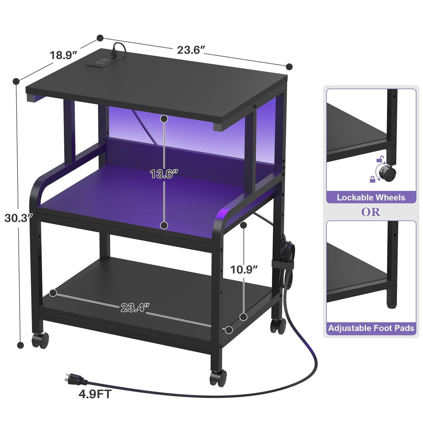 Homieasy Printer Stand with Charging Station and Led Lights, Large 3 Tier Rolling Printer Cart with Adjustable Storage Shelf, Printer Table with Wheels for Home Office, Black - WoodArtSupply