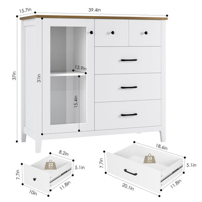 HOSTACK 5 Drawer Dresser with Glass Door, White Dresser for Bedroom, Modern Chest of Drawers with Shelves, Tall Dresser Wood Storage Cabinet for Bedroom, Living Room, White/Rustic Brown - WoodArtSupply