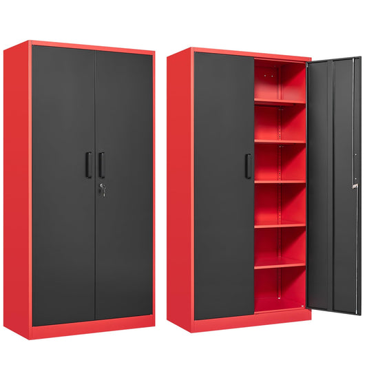 Garage Storage Cabinet with 5 Adjustable Shelves,Metal Storage Cabinet with Lock,Red Black Metal Cabinet with Locking Doors,Steel Cabinet,71" Lockable Storage Cabinet for Home,Office,Garage Cabinets