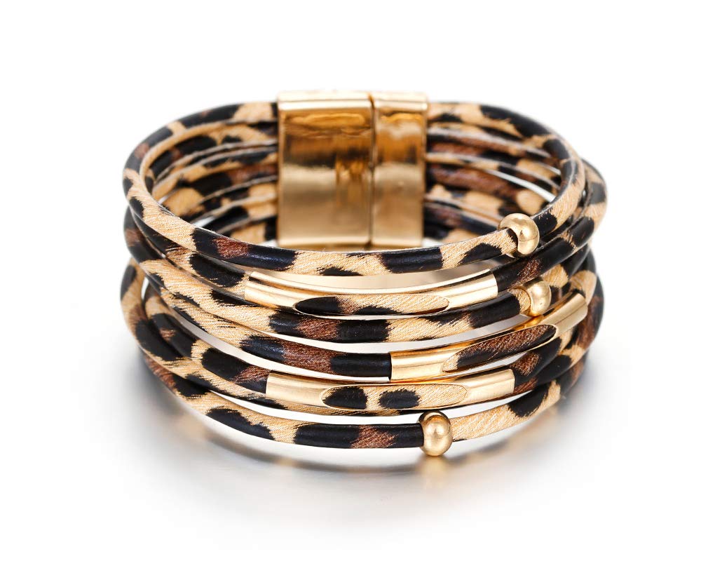 Fesciory Leather Wrap Bracelets for Women, Boho Leopard Multi-Layer Crystal Beads Cuff Bracelet Jewelry (Brown Leopard) Fesciory