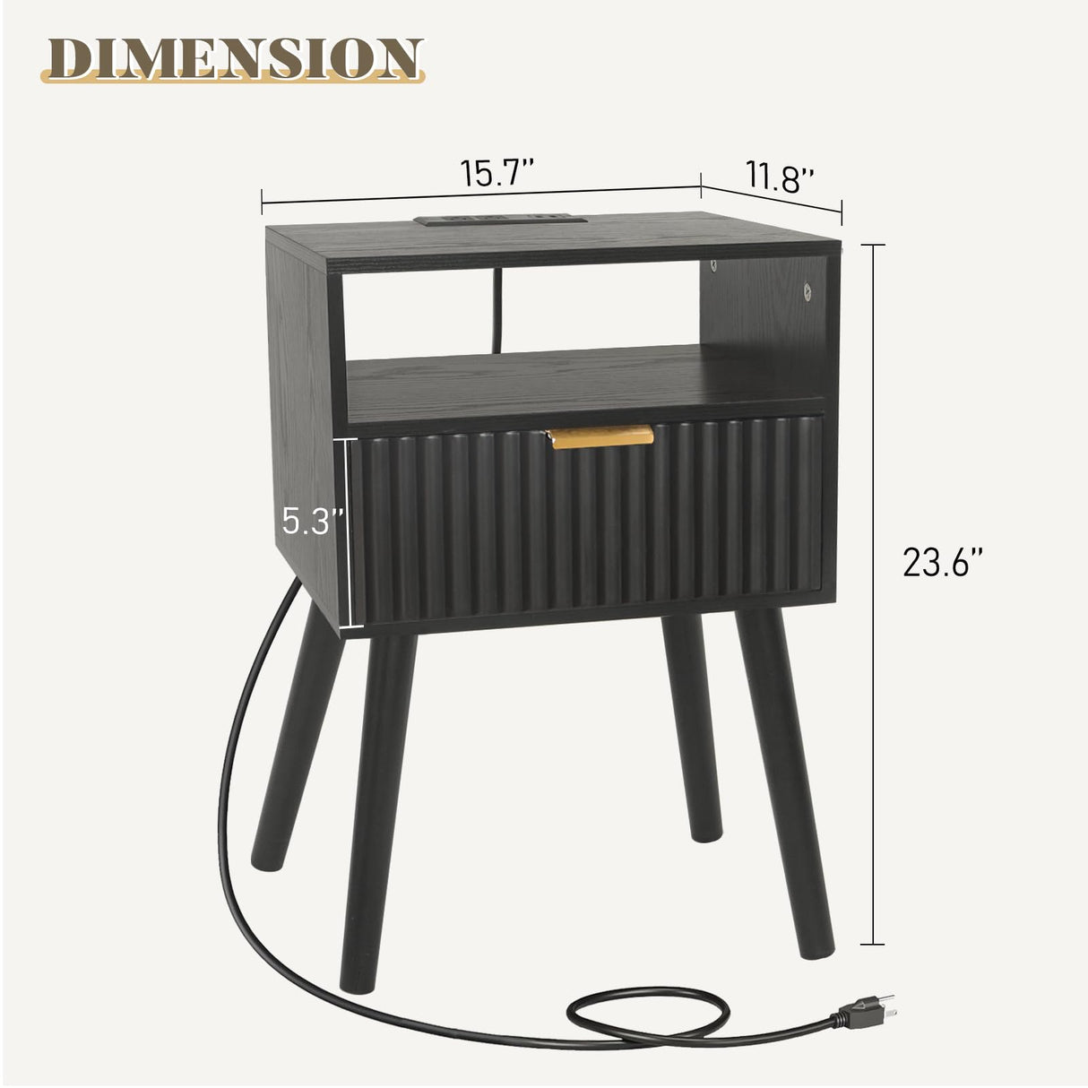 Fultyle Black Nightstand with Charging Station, Mid Cetury Modern Nightstand with Drawers, Fluted End Side Table Living Room for Bedroom and Small Space with Solid Wood (Black) Fultyle