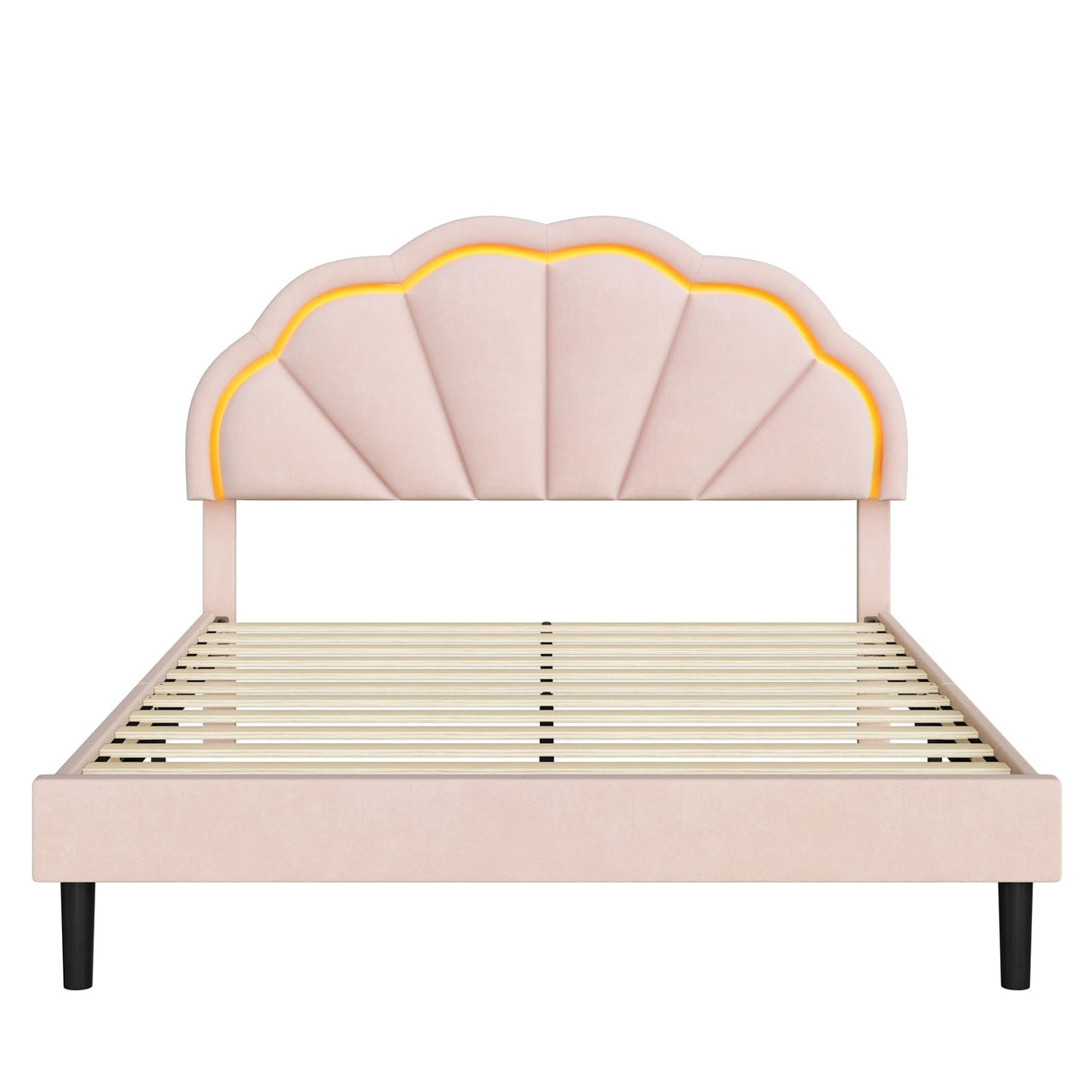 HIFIT Queen Upholstered Smart LED Bed Frame with Adjustable Chic Petal Headboard, Soft Princess Queen Size Platform Bed Frame for Girls, Wooden Slats Support, No Box Spring Needed, Easy Assembly, Pink HIFIT