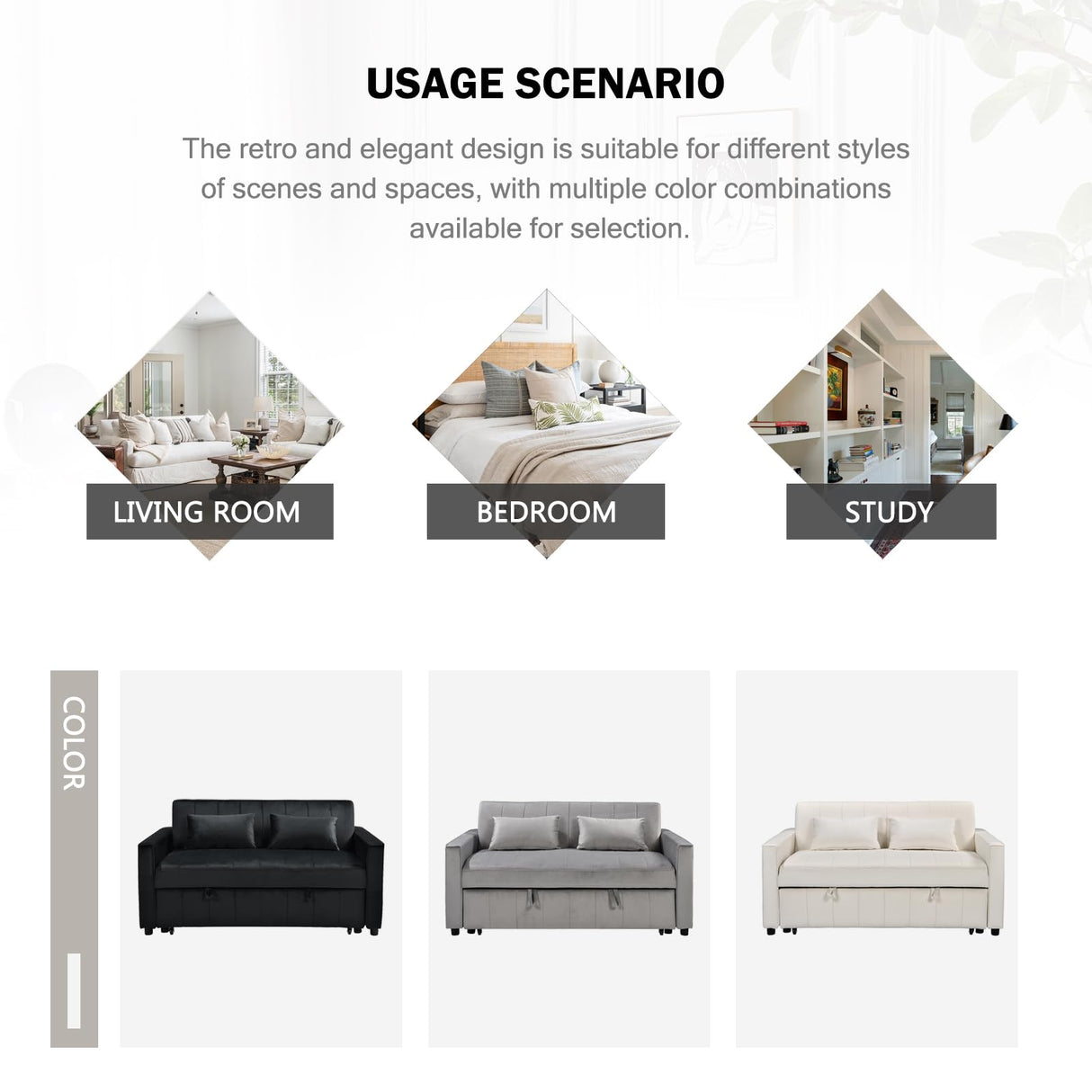 Hixkol Convertible Sleeper Sofa Bed, 55.51" Modern Velvet 3-in-1 Futon Couch, Pullout Bed with Adjustable Backrest, Storage Pockets and Toss Pillows for Living Room, Bedroom (White) Hixkol