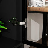 FUNISIR Curio Display Cabinet with Light, Storage Shelves with Pop-up Glass Doors, 2 Drawers & 3 Color Light, Collectibles Cabinet Display Shelf, Bookshelf Showcase for Living Room, Black w/Drawer FUNISIR