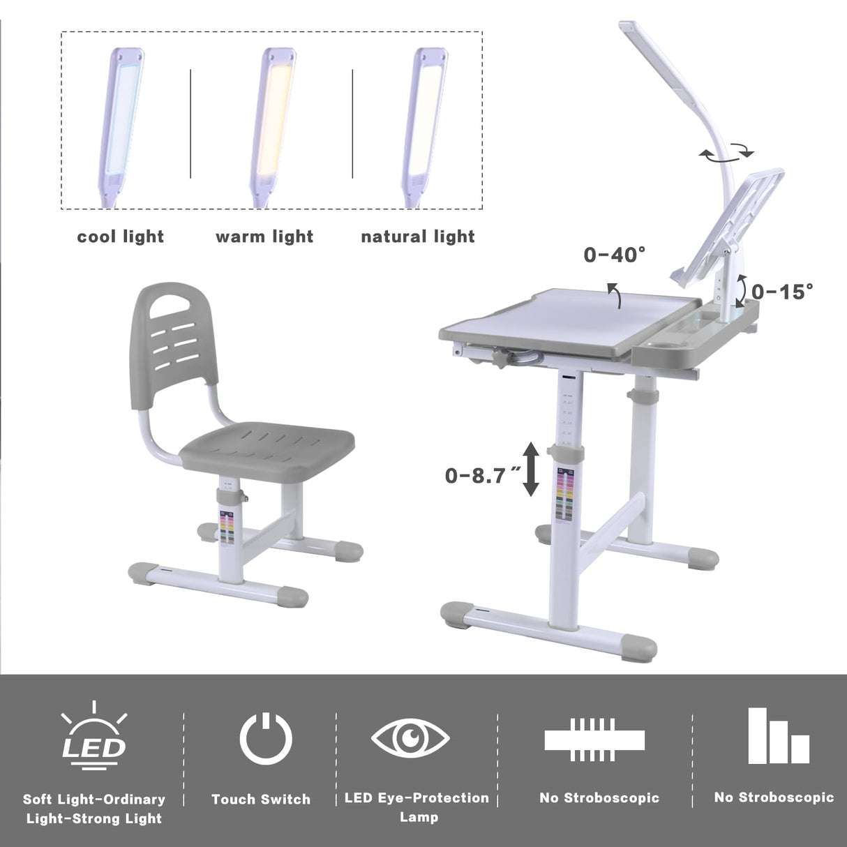 Napfox Desk for Kids Desk and Chair Set Kids Art Desk Drafting Table Desk Set with Adjustable Height, 40-Degree Tiltable Children Desktop, LED Light,Bookstand,Grey Napfox