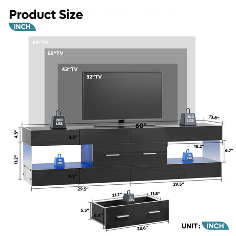Bestier Black TV Stand for 55/60/65 Inch TV, High Gloss Modern TV Stand with Stone-Patterned Side Panels, LED Entertainment Center with Large Drawer, TV Consoles for Living Room, Bedroom Bestier