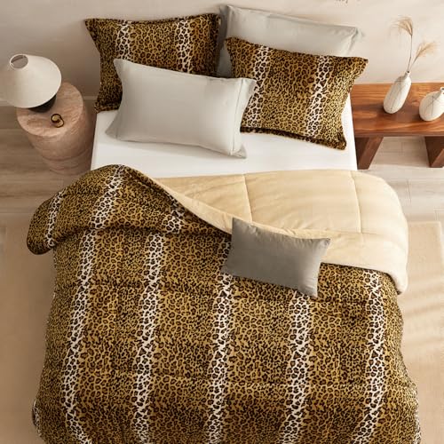 Petrichor Leopard Velvet Flannel Queen Comforter Set-Cheetah Print Western Blanket,Luxury Fuzzy Heavy Bedding Set, 3 Pieces Plush Winter Bed Set with Comforter (90"x90") & 2 Pillow Shams (20"x26") Petrichor